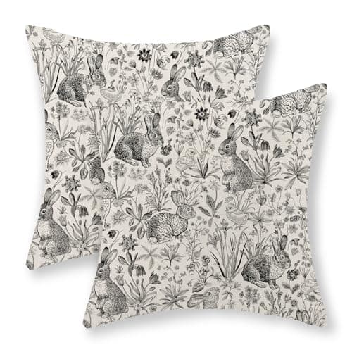 JEFERSO Spring Black Pillow Covers 20x20 Set of 2 Easter Rabbit Bunny Floral Botanical Decorative Throw Pillows Summer Outdoor Holiday Farmhouse Pillow Cases Linen Outdoor Cushion Case for Couch Sofa