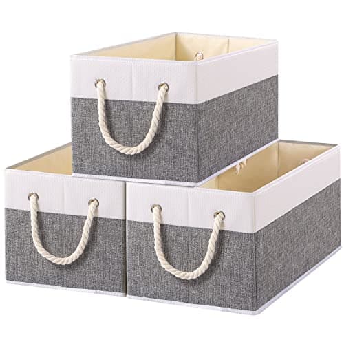 Yawinhe Foldable Storage Baskets for Shelves, Fabric Storage Cubes with Rope Handle, Closet Organizers for Clothes, 3-Pack, 14.96''Lx9.84''Wx8.26''H, White/Grey