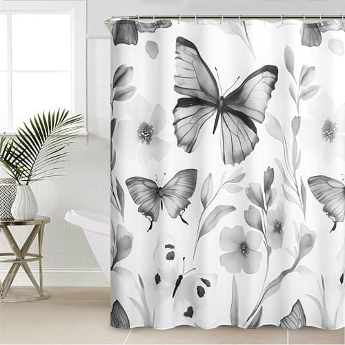 Jovuais Shower Curtain Grey Butterfly Shower Curtains Set for Bathroom Décor Fresh Watercolor Flowers Fabric Shower Curtain Waterproof with Hooks 72x72 Innch