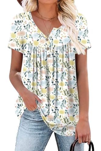 Aodemo Womens Summer Plus Size Tops Short Sleeve Shirts Henley Loose Fit Tunic Ladies Flowy Blouse XL, Macaron Flowers