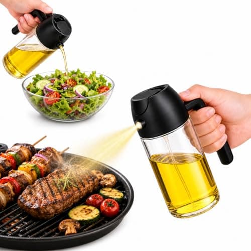 2-in-1 Olive Oil Sprayer and Dispenser Bottle, Glass, Wide Caliber, for Cooking, Salad, BBQ Grilling