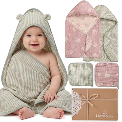 HardNok Muslin Baby Bath Towels Set Organic Cotton Blend (Blush Sage Bunny)