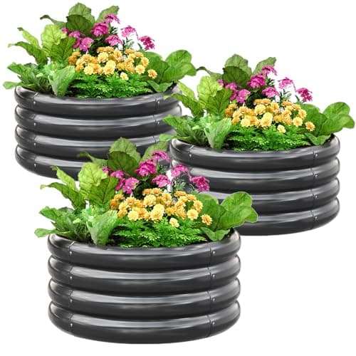 KING BIRD Raised Garden Bed Galvanized Round Planter Box Outdoor for Gardening, Plants, Vegetables, Flowers, Dark Grey, 24x24x12 in 3 Packs