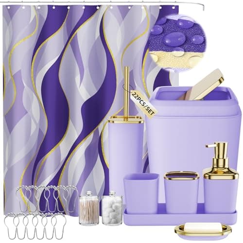 XLHOMO Purple Bathroom Accessories, Bathroom Sets with Stripe Shower Curtain, Purple and Gold Bathroom Accessories Set with Trash Can, Soap Dispenser, Soap Dish, Qtip Holders for Bathroom