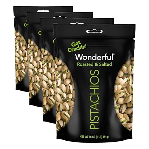 Wonderful Pistachios In Shell, Roasted and Salted Nuts, 16 Ounce Resealable Bag, Healthy Snack, Protein Snack, Pantry Staple (Pack of 4)
