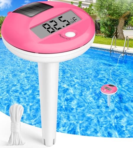 FirstE 2025 Solar Digital Pool Thermometer with Rope | Big Number LCD Display Floating Pool Thermometer for Easy Read | High Precision, IP68 Waterproof | Pools Water Temperature Gauge for Spa, Pink