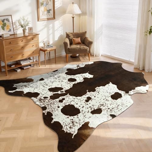 DweIke Large Faux Cowhide Print Rug for Living Room, 5.2x6.2 ft Brown Western Animal Cow Hide Rugs, Non Slip Cool Cow Skin Carpet for Bedroom Dining Room Farmhouse Entrance Home Decor, Khaki