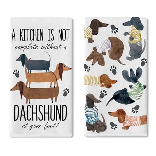 Croar Watercolor Dachshund Dog Kitchen Dish Towels Set of 2, Weiner Dog Funny Quotes Paw Prints Drying Hand Towel Baking Cooking Cloth, Bathroom Home Decoration Pet Owner Lover Gifts 18'' x 26''