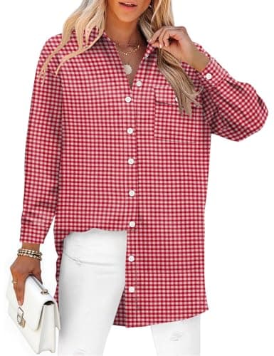 AKEWEI Plaid Shirts for Women Collared Button Down Shirt Women Oversized Long Sleeve Womens Spring Tops 2026 Trendy (Plaid R,S)