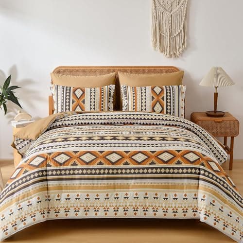 Dinjoy Comforter Set Queen Size Boho,Yellow Brown 7 Pieces Bed in a Bag Queen Bedding Sets Aztec Comforters with Sheets Western Striped Complete Set for Family 90"x90"