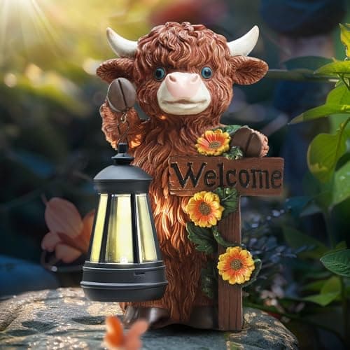 FQIIL Solar Highland Cow Garden Decoration - Outdoor Waterproof Resin Statues with LED Lantern Lights, Solar Patio Figurines for Yard & Lawn (1-Pack, Auto On/Off), Decor for Inside&Outdoor