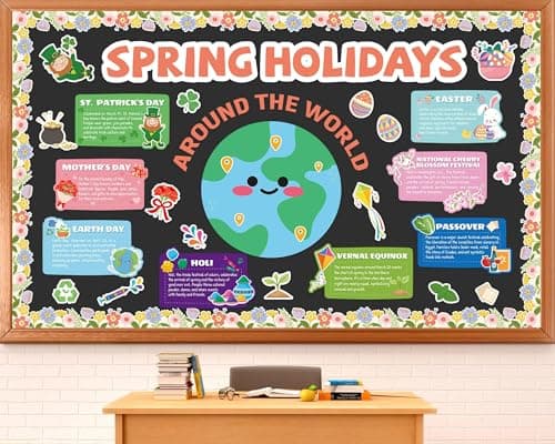 Earth Day Bulletin Board Decoration Spring Holidays Around The World Board with Easter St. Patrick’s Mother’s Earth Day Passover Holi Cutouts for Classroom Office Home Nursery Chalkboard Wall Decor