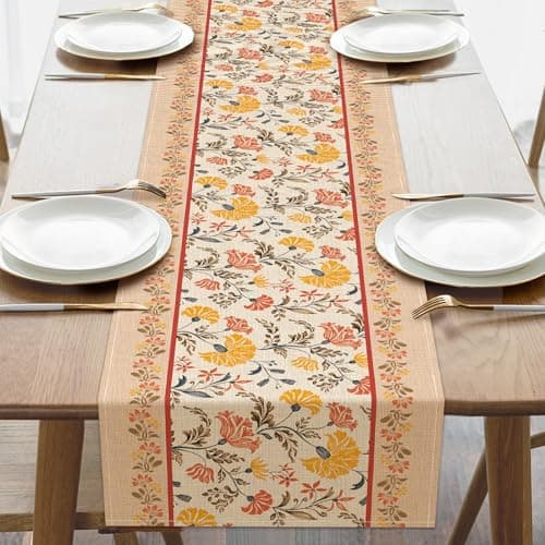 Croar Vintage Pattern Floral Dining Table Runner, Retro Yellow Orange Flower Leaves Plants Botanical Burlap Kitchen Decoration, Spring Summer Farmhouse Indoor Outdoor Home Decor Party Supply 13''x72''