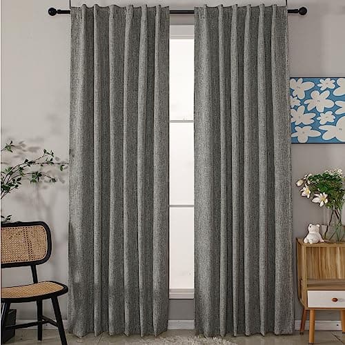INLINAS Faux Linen Knotted Texture Blackout Curtains - 100% Light Blocking, Noise Reducing Triple Layer Fabric Back Tab and Rod Pocket for Bedroom, Set of 2, Dark Grey, 52 x 84 Inch