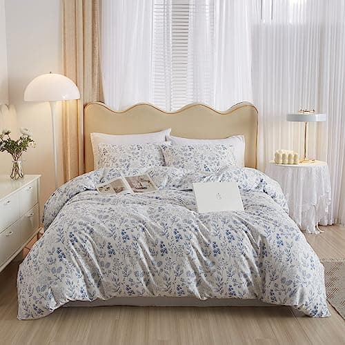 VM VOUGEMARKET Botanical Comforter Set Full 3 Pcs Farmhouse Style Blue Flower Branch Bed Comforter with 2 Pillowcases All Season Soft & Lightweight Comforter/Quilt Set for Girls Women 80"x90"