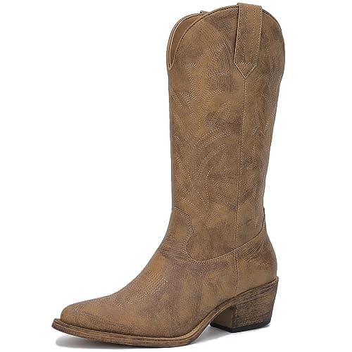 GLOBALWIN Camel Tan Cowboy Boots For Women Western Boots Embroidered Mid Calf Knee High Cowgirl Boots Size 8.5M