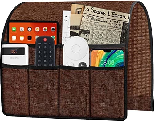 Ntomtuex Armchair Caddy Remote Control Holder for Couch Recliner, Armrest Pocket Organizer for Couch Arm Chair with 7 Pocket for Magazines, Eyeglass, ipad, Phone, Brown