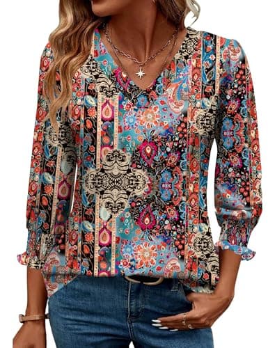 Rapbin Womens Summer Tops 2025 3/4 Length Sleeve T-Shirts Dressy Casual Loose V-Neck Puff Sleeve Tunic Spring Boho Blouses (Colorful Boho Ethnic,XX-Large)