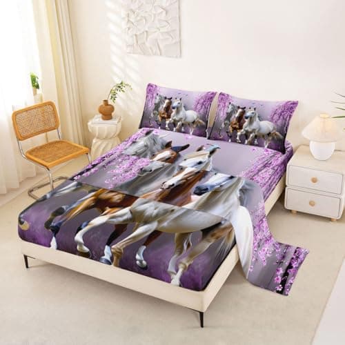 Feelyou Boys Horse Bed Sheets Cherry Blossom Branches Kids Women Lavender Purple Sheet Set Girls Teens Galloping Horse Bed Set Animal Decor Sheets Bedroom Collection 3Pcs Twin Size