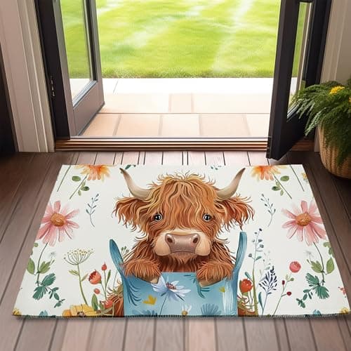 Doormat Highland Cow Door Mat,Cute Flowers Indoor Front Doormats for Home Entrance,Non-Slip Floor Mats for Porch Entryway Outdoor,Easy Clean,17x 30 inch