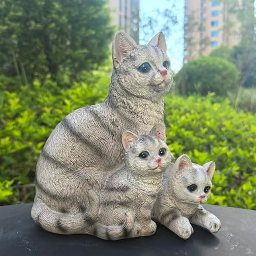 Ahbuohe Mama Cat and Kitten Garden Statue,Outdoor Lawn Decorative Figurine Grey Cat Statue for Patio Yard,Funny Animal Flower Bed Decor Art Sculpture