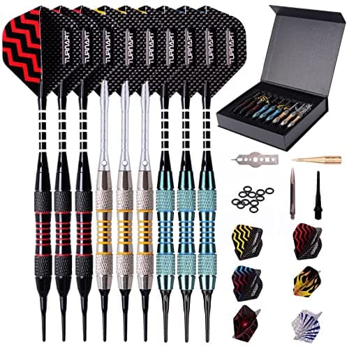 Darts Plastic Tip - Professional Soft Tip Darts Set for Electronic Dartboard 9 Pcs 18 Grams with 50 Extra Tips 9 Shafts 27 Flights Tool Kit Flight Protectors and Gift Case (Blue)