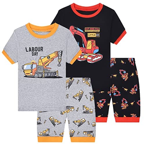 Benaive Pajamas for Boys, Summer Pjs for Boy Cotton Pajama, 4-Piece Children Shorts Set (Digger, Grey & Black, 2T)