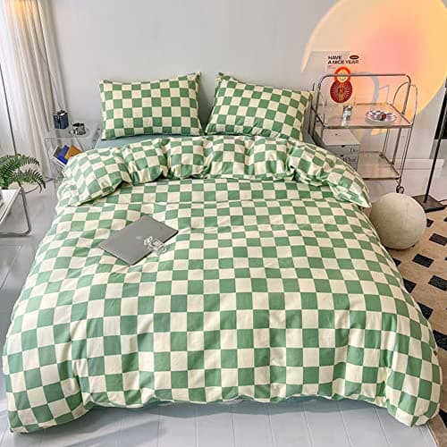 Pureant Green White Plaid Comforter Sets Twin Women Men Sage Green Checkerboard Grid Bedding Comforters Cotton Boys Girls Modern Grass Green and White Checkered Geometric Quilts Luxury Abstract Bed