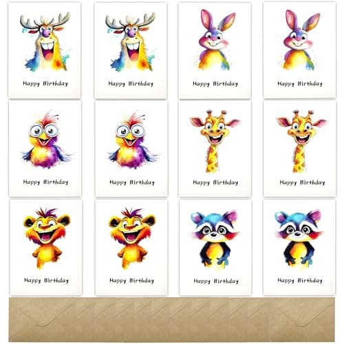 YesMvpMvp Birthday Cards Pack of 12,Birthday Cards Bulk for Women Men Kids Assorted Birthday Greeting Cards for Kids Assortment, 12 Card with Envelopes (Cartoon animals)