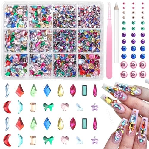 Colorful Nail Art Rhinestones Kit Flatback Gems for Crafts Multi Shapes Flat Bedazzling Gems Heart Star Moon Water Drop Square Nail Art Jewels Gems Stones for Nails Art DIY Crafts Shoes Clothes
