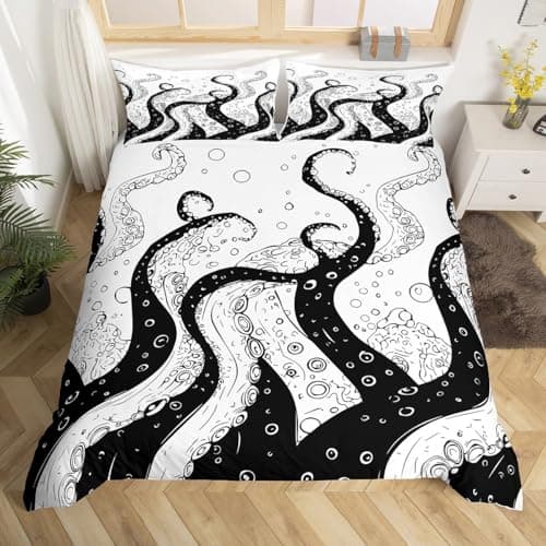 Erosebridal Octopus Duvet Cover Tentacles Bedding Set Sea Animal Underwater World Quilt Cover Halloween Gothic Comforter Cover, Black White Decorative 3 Pcs King Size with Zipper Closure