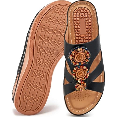 FUDYNMALC Womens Sandals Wedge 2026: All-Day Comfort Casual Orthopedic Slides Boho Slip On Summer Dressy Shoes for Walking Travel, Black, Size 8.5