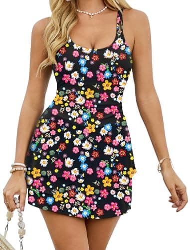 Arolina Swim Dress for Women Swimwear 2026 One Piece Tummy Control Full Coverage Swimsuits Cute Bathing Suit Swimdress Black Floral