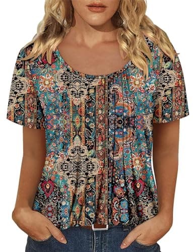 onlypuff Womens 3X Boho Tops Plus Size Shirts Short Sleeve Tunic Top Ladies Blouse Summer Shirt Black Color