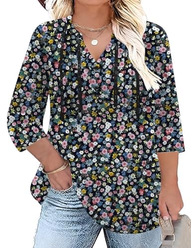 Ivicoer 3/4 Sleeve T Shirts for Women Plus Size Pleated V Neck Tops Loose Fit Flowy Casual Peasant Blouses (Multi-Floral, XL)