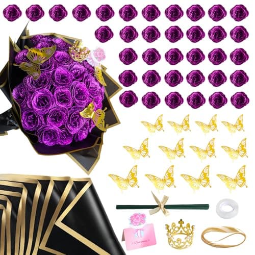 DIY Artificial Roses Flower Bouquet 36 Pack - Glitter Purple Roses Shiny Flowers with Stems Eternal Floral Gifts for Elegance Wedding Anniversary Birthday Graduations Valentine's Day Mother's Day