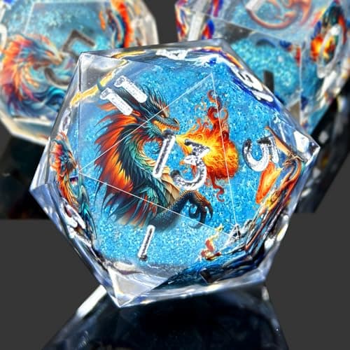 DND Dragon Resin Dice Set 7 Pcs Polyhedral Dice/Transparent Resin Dice with Embedded Dragon Phoenix Art, Premium Tabletop Game Dice for TTRPG, Pathfinder, MTG (Blue & Silver)