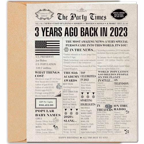 DUGUTUL Vintage 3rd Birthday Card, 3 Birthday Decoration, Nostalgic Birthday Card for 3 Years Old Boy Girl, Retro Happy 3rd Birthday Party Decoration, Envelope Included