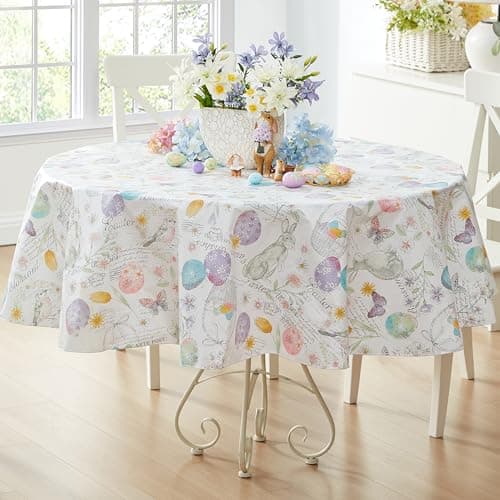 Newbridge Vinyl Round Tablecloth with Flannel Backing, 70 Inch, Bunny Blossom Flannel Backed Table Cloth, Egg Basket Floral