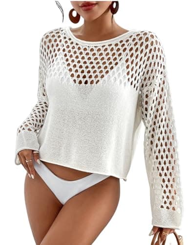 Bsubseach Swimsuit Coverup for Women Knitted Beach Cover Up Long Sleeve Crochet Tops White XL