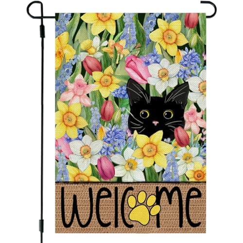 CROWNED BEAUTY Spring Garden Flag Black Cat 12x18 Inch Double Sided Small Seasonal Holiday Floral Decoration for Outdoor Lawn Yard