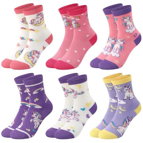 Jspupifip 6 Pairs Kids Girls White Purple Pink Crew Athletic Socks Funny Cotton Cute Unicorn Cartoon Pattern Socks for Running Sport Outdoor 3-6