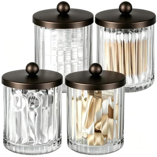 Amolliar Apothecary Jars Bathroom Vanity Storage Organizer Set, Countertop Canister with Stainless Steel Lid & Cute Stickers, Qtip Holder Dispenser for Cotton Swabs, Balls, Makeup Pads(Bronze, 4 Pack)