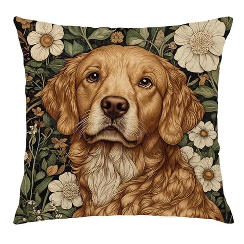 BUJSP Vintage William Morris Inspired Golden Retriever Dog Floral Decor Pillow Covers 18x18,Rustic Botanical Golden Retriever Dog Animal Decorative Throw Pillow Covers for Home Bedroom Living Room