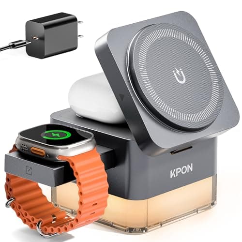 KPON for iPhone Nightstand Charging Station,15W 3 in 1 Wireless Phone Charger Stand with Night Lamp, Travel Foldable Magnetic Cube Magsafe Dock for iPhone 17 16 15 14 13 12 Series/Apple Watch/Airpods