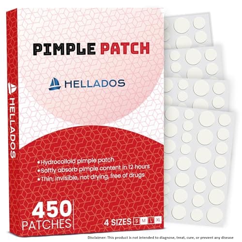 Hellados™ 450 Pimple Patches For Face, 4 Size Acne Patches, Hydrocolloid Zit Patches, Blemish Patches, Spot Stickers with Tea Tree Oil and Calendula Oil