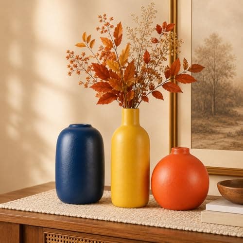 Ceramic Vase Set of 3,Small Flower Vases for Rustic Home Decor,Modern Farmhouse,Living Room,Shelf, Table,Bookshelf,Mantel and Entryway - Yellow,Orange,Blue