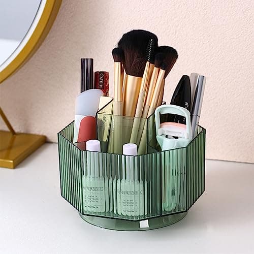 LINFIDITE 360°Rotating Makeup Organizer Holder Cosmetic Display Case Clear Makeup Brush Lip Gloss Organizer Case with 5 Slots Round Turntable Storage Tray for Vanity, Bathroom, Counter Organizer Green