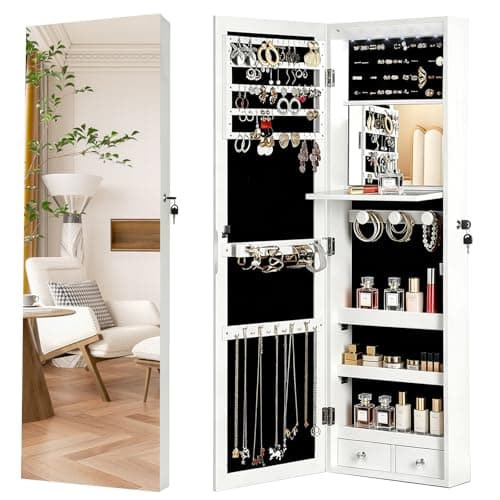 AnSafity Lockable Jewelry Cabinet Organizer with Full Length Mirror, 6 Auto LED Lights, Wall & Over Door Mount Jewelry Armoire with Earring Slots, Necklace Hooks, Foldable Makeup Shelf