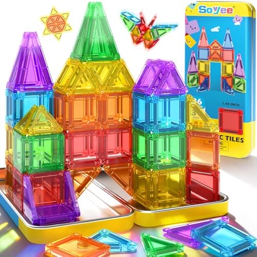 Soyee Mini Magnetic Tiles Travel Toddler Toys with Metal Tin Portable STEM Building Kids Toys for 3 4 5 6 7 8+ Years Old Boys & Girls & Birthday Gifts